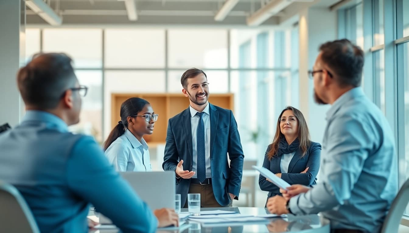 Headhunter Ingenieure im Gespräch mit Ingenieuren in einem modernen Büro.