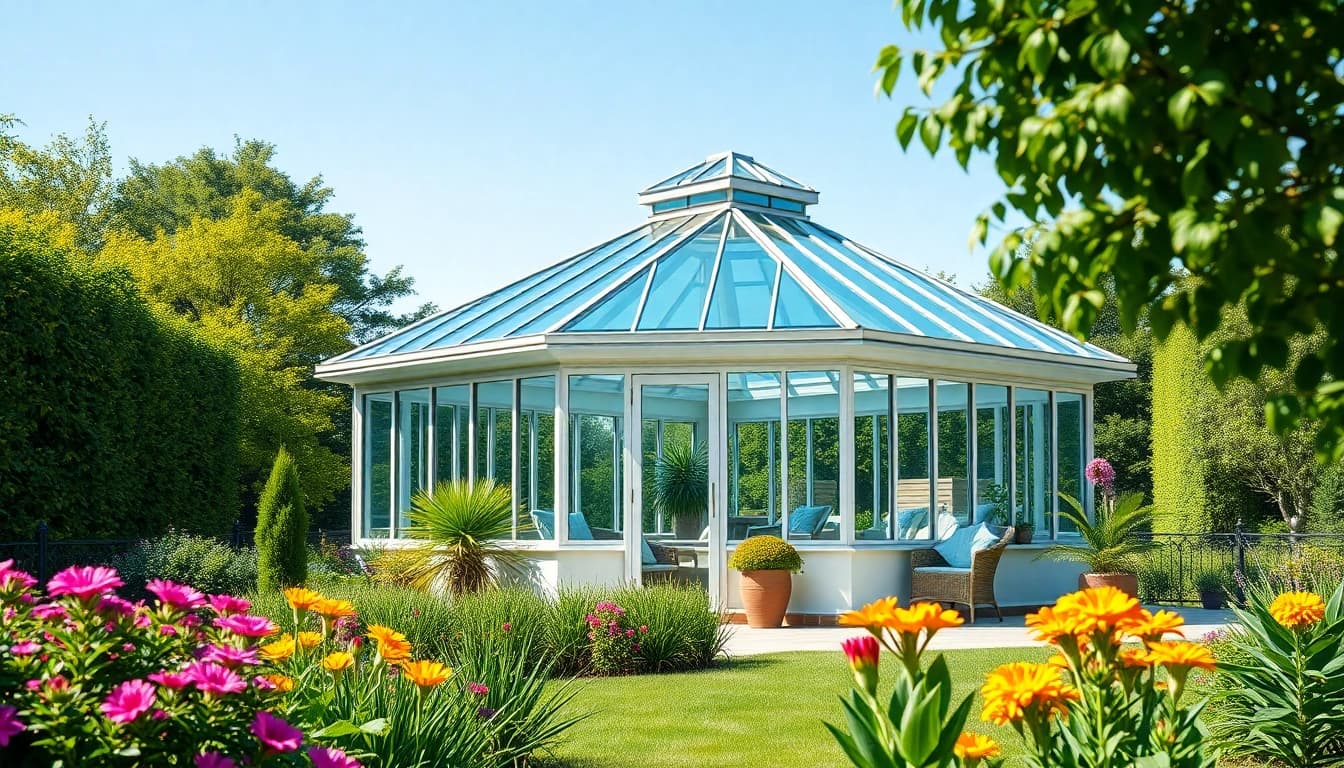 Direkt zur Website fuer ein modernes Gewaechshaus mit stilvollem Dach in einem schoenen Garten.