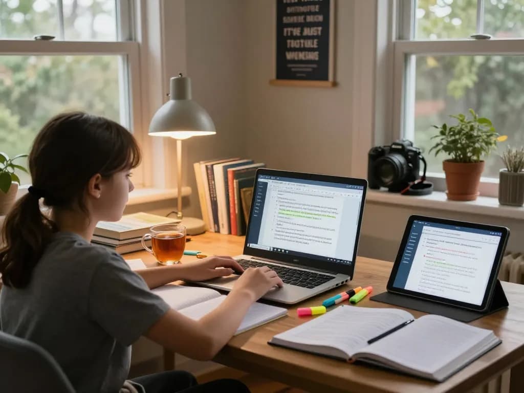 Schüler nutzt Hausaufgaben KI kostenlos zur Hilfe bei den Hausaufgaben in einem gemütlichen Arbeitszimmer.