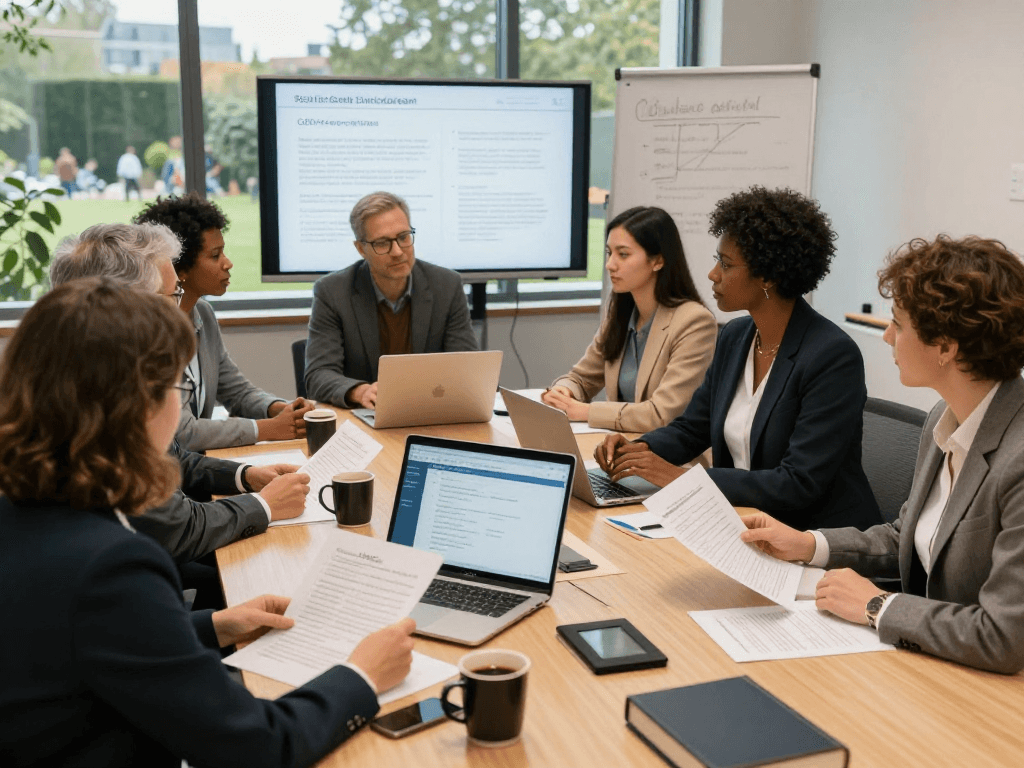 Collaborative meeting in social services center focusing on GDPR compliance for Soziale Einrichtungen.