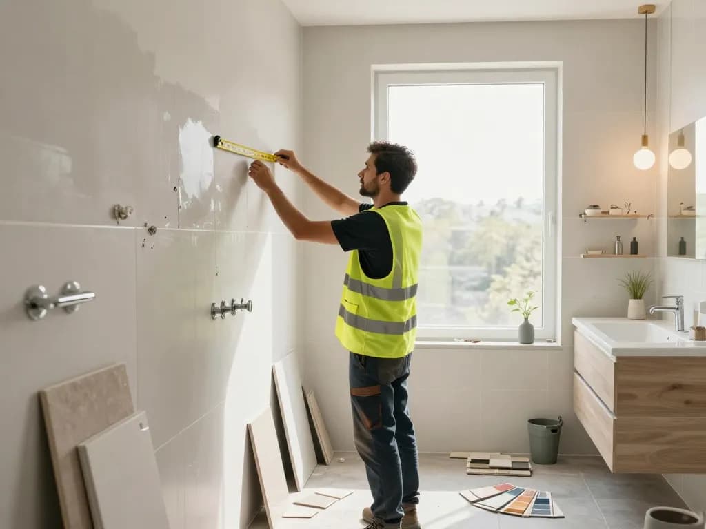 Professioneller Auftragnehmer führt Badsanierung in der Nähe eines modernen Badezimmers mit stilvollen Armaturen und natürlichem Licht durch.