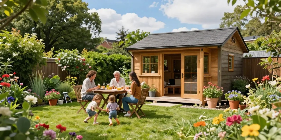 Gemütliches Gartenhaus kaufen, umgeben von blühenden Pflanzen und einer glücklichen Familie im Garten.