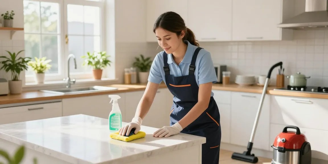Residential cleaning expert performing wohnungsabgabe reinigung in a bright apartment.