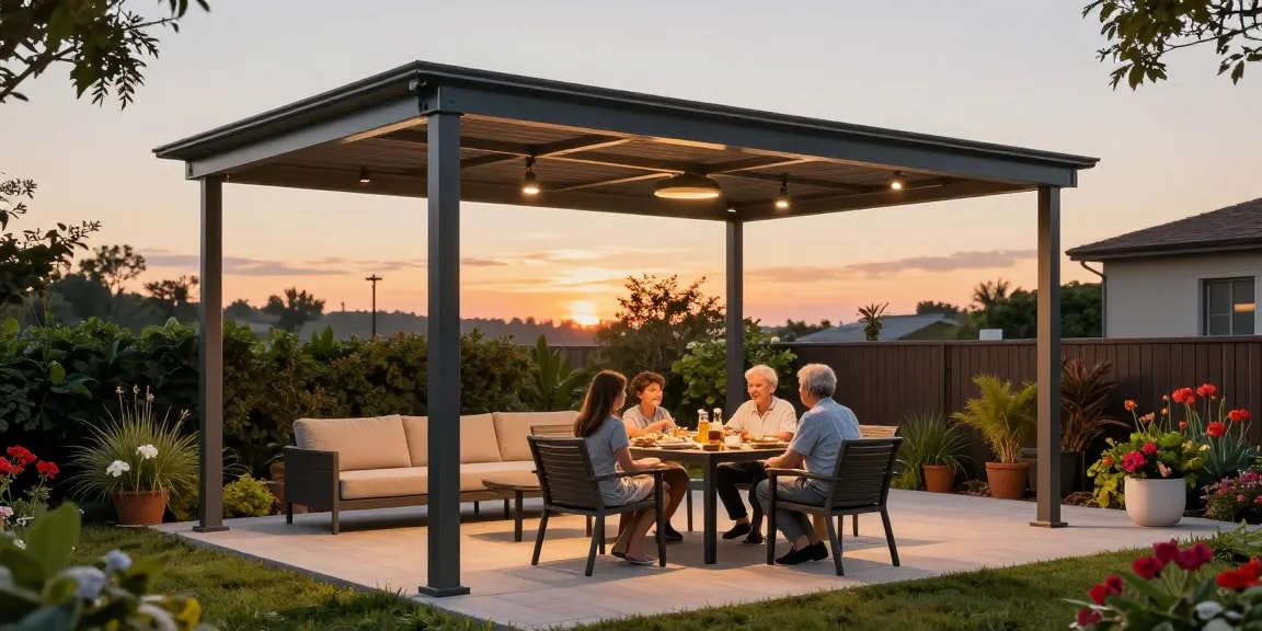 Schöner Außenbereich mit Terrassenüberdachungen, in dem eine Familie ein Abendessen genießt.