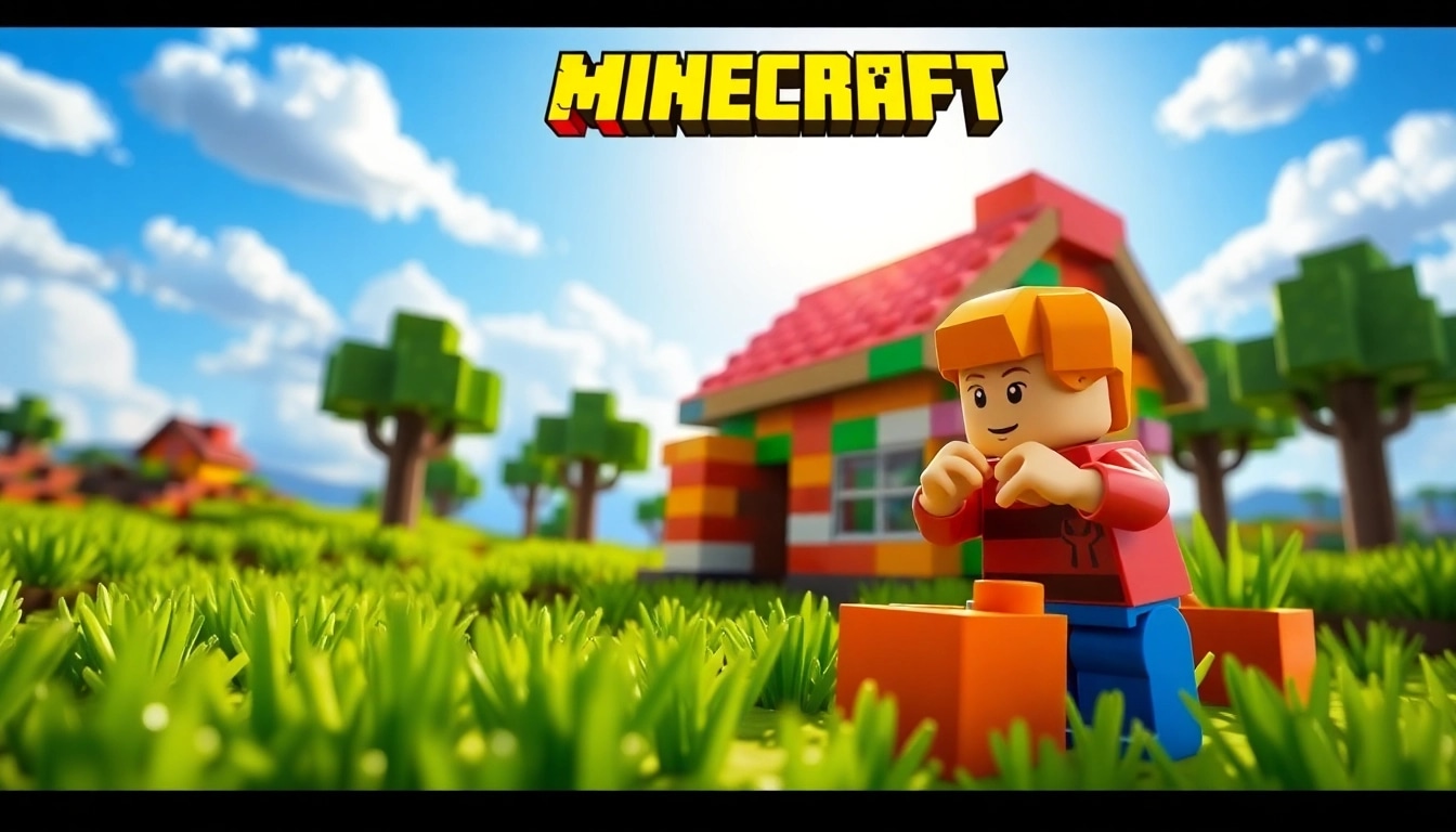 Lego Minecraft Landschaft mit einem Lego-Figur, die ein Haus baut.