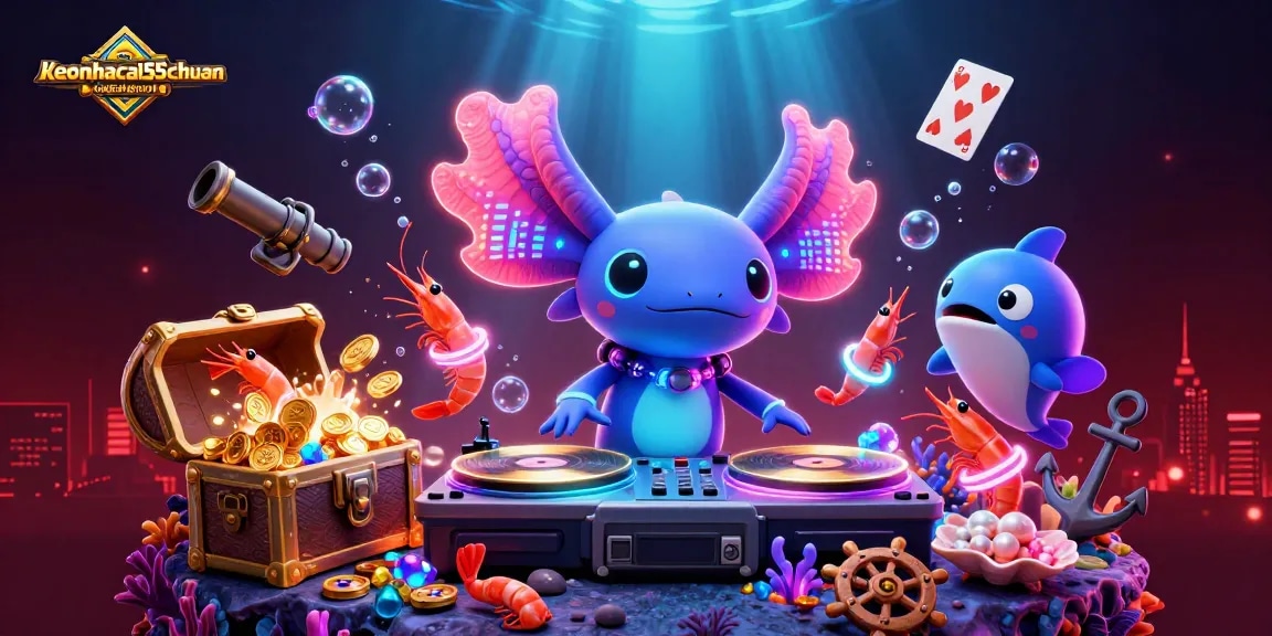 Engage with the vibrant keonhacai55chuan scene featuring a neon-colored axolotl DJ and lively underwater characters.