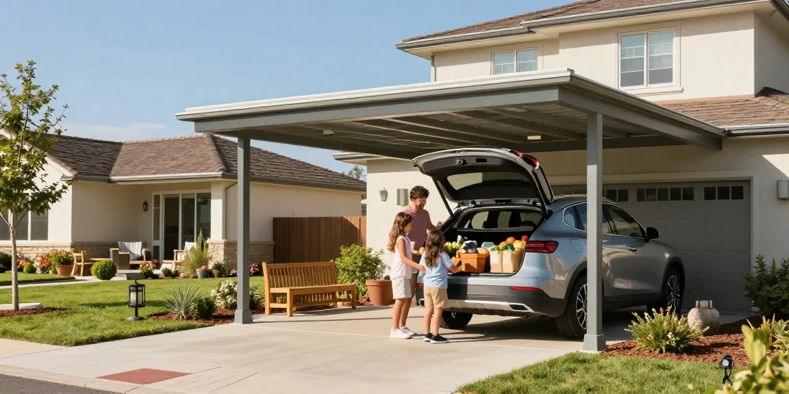 Schönes Carport schützt das Auto einer Familie und schafft einen einladenden Außenbereich.