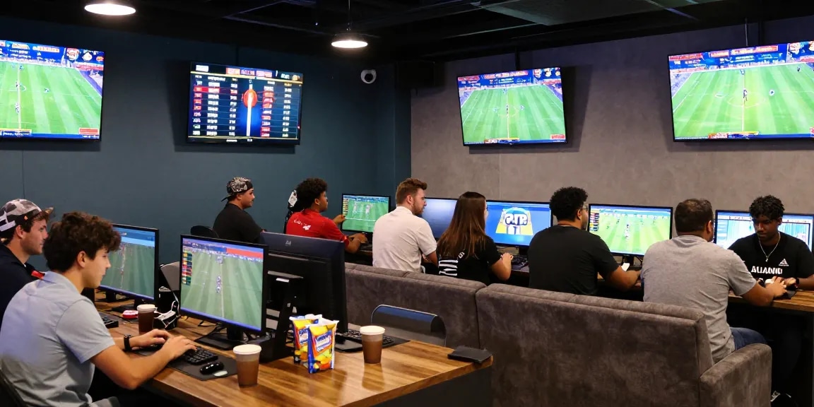 BetLabel Sportwetten Atmosphäre mit verschiedenen Wettenden in einem modernen Wettbüro.