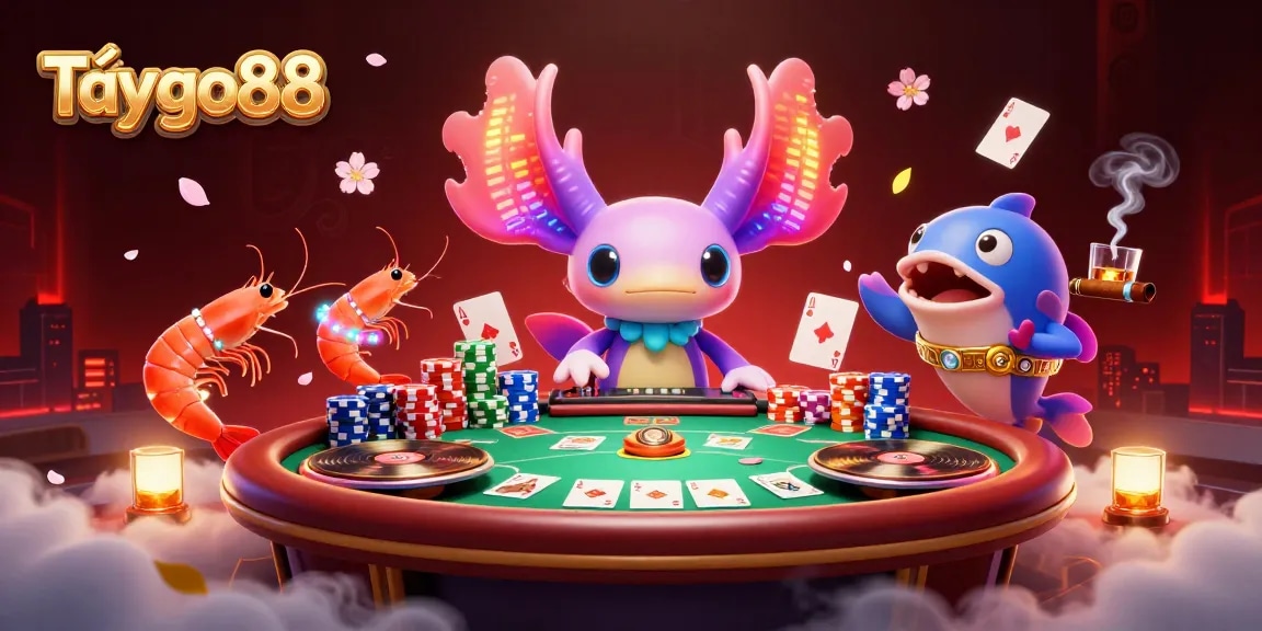 Catch the excitement and Tải go88 in this vibrant 3D scene featuring a neon DJ, poker elements, and underwater fun.