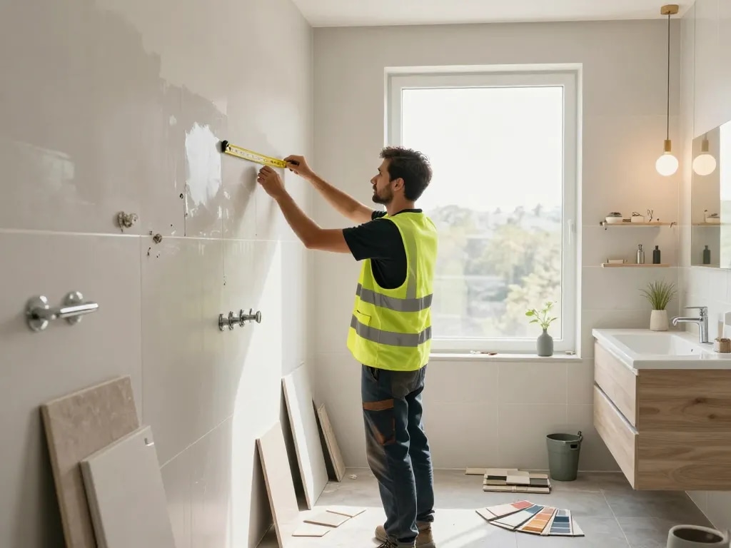Professioneller Auftragnehmer führt Badsanierung in der Nähe eines modernen Badezimmers mit stilvollen Armaturen und natürlichem Licht durch.