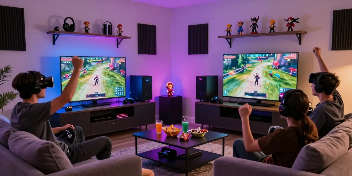 FAFA828 gaming setup in a modern living room with players cheering on a thrilling multiplayer match.