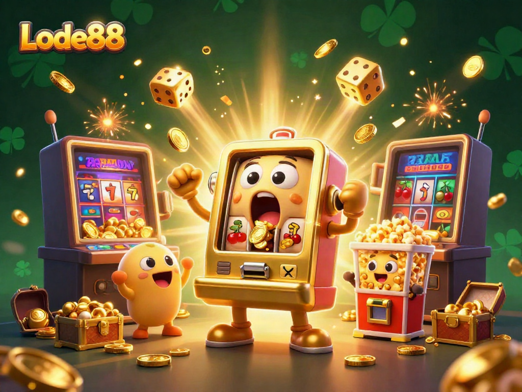 Experience Lode88's thrilling jackpot as the golden slot machine celebrates a win surrounded by cheerful mini machines.