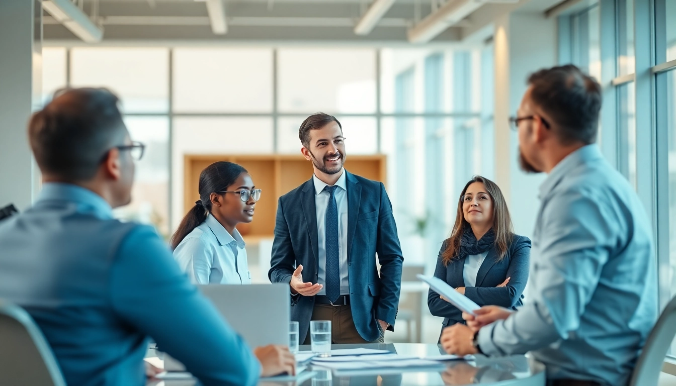 Headhunter Ingenieure im Gespräch mit Ingenieuren in einem modernen Büro.