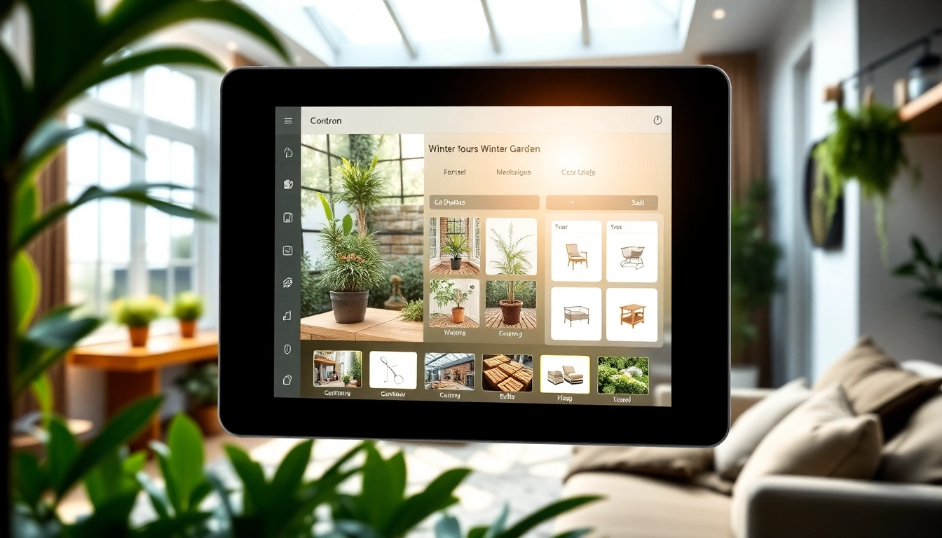 Wintergarten Konfigurator interface displayed in a contemporary home setting with bright lighting.