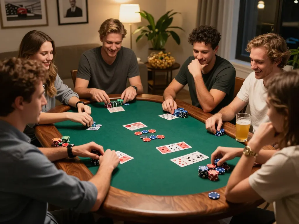 Friends enjoying poker night at home, showcasing CM88 games with vibrant chips and cards.