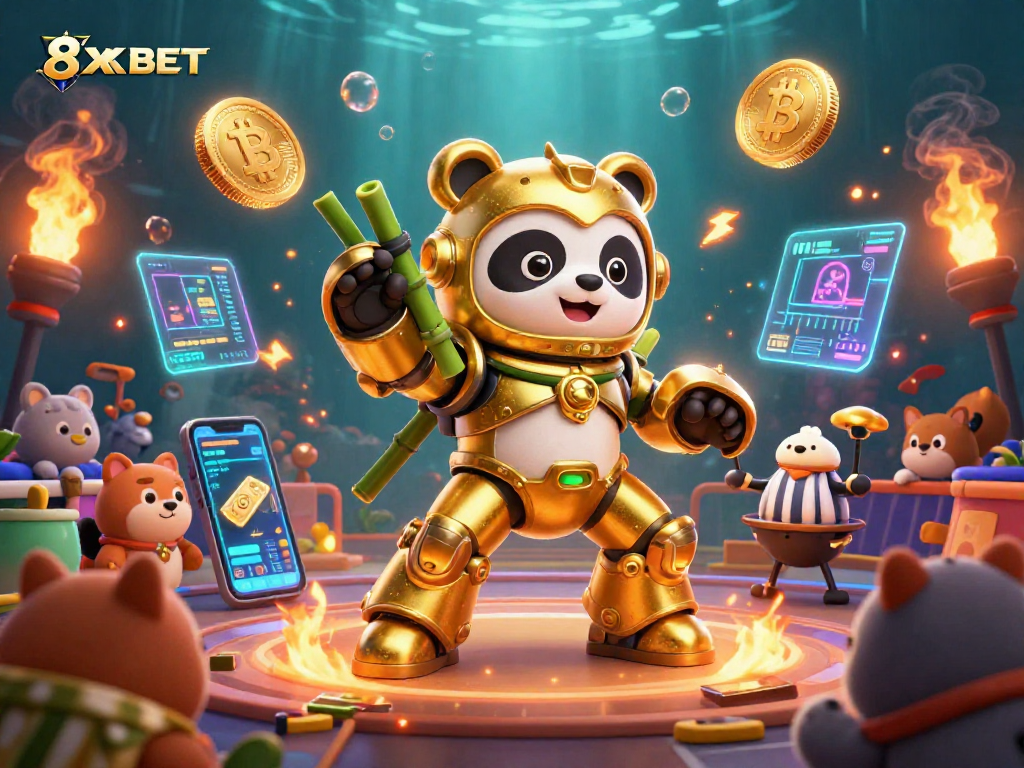 Engage with 8XBET in a colorful, dynamic casino setting featuring a golden panda, crypto coins, and lively visual effects