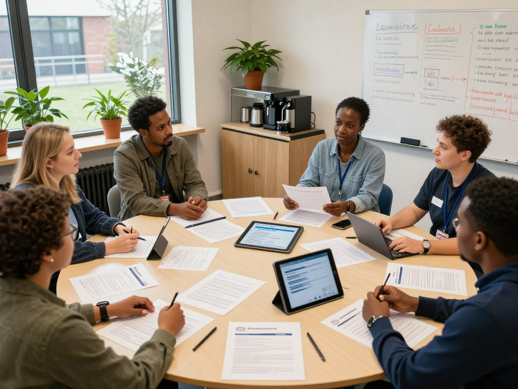 Team in sozialen Einrichtungen bespricht Datenschutzrichtlinien und digitale Barrierefreiheit.