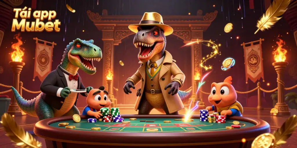 Tải app Mubet and play exciting games with a lively atmosphere featuring unique dinosaur characters.