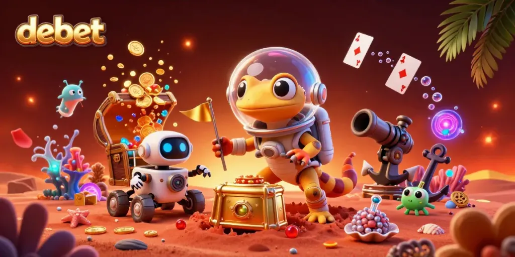 Experience the thrilling debet adventure in a vibrant 3D alien casino filled with treasures and excitement.
