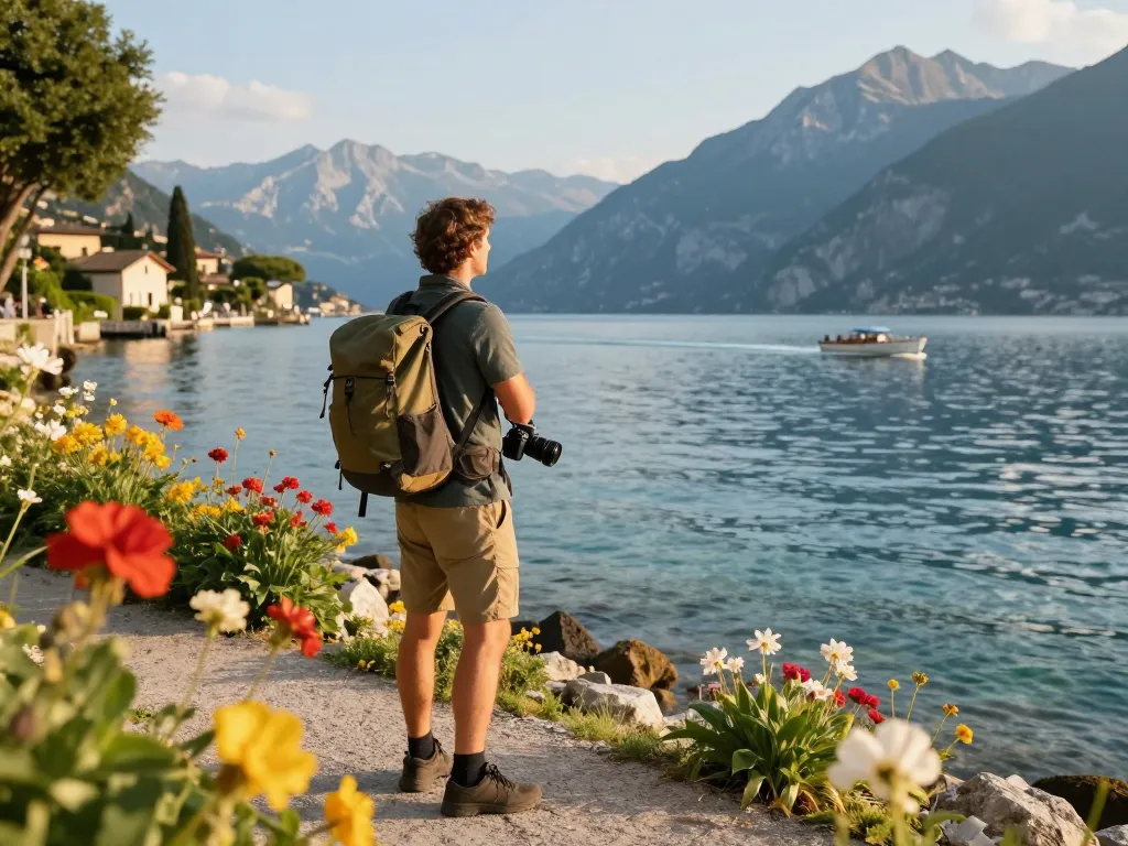 Gardasee Reisetipps: Reisender, der die Schönheit des Gardasees genießt und atemberaubende Ausblicke während der goldenen Stunde einfängt.
