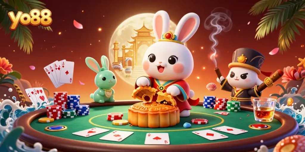 Win big at yo88 with a vibrant moon rabbit scene featuring poker chips and mooncakes.