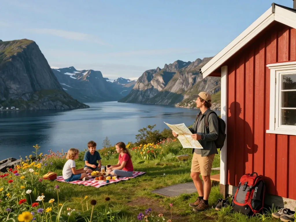 Familie genießt Urlaub in Skandinavien und erkundet malerische Landschaften mit Fjorden und Bergen.