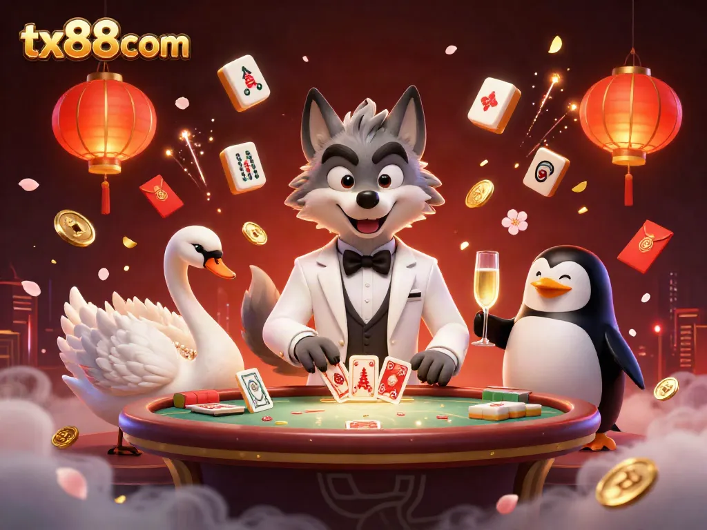 Experience the excitement at tx88com with a lively 3D casino scene featuring a debonair wolf and card games.