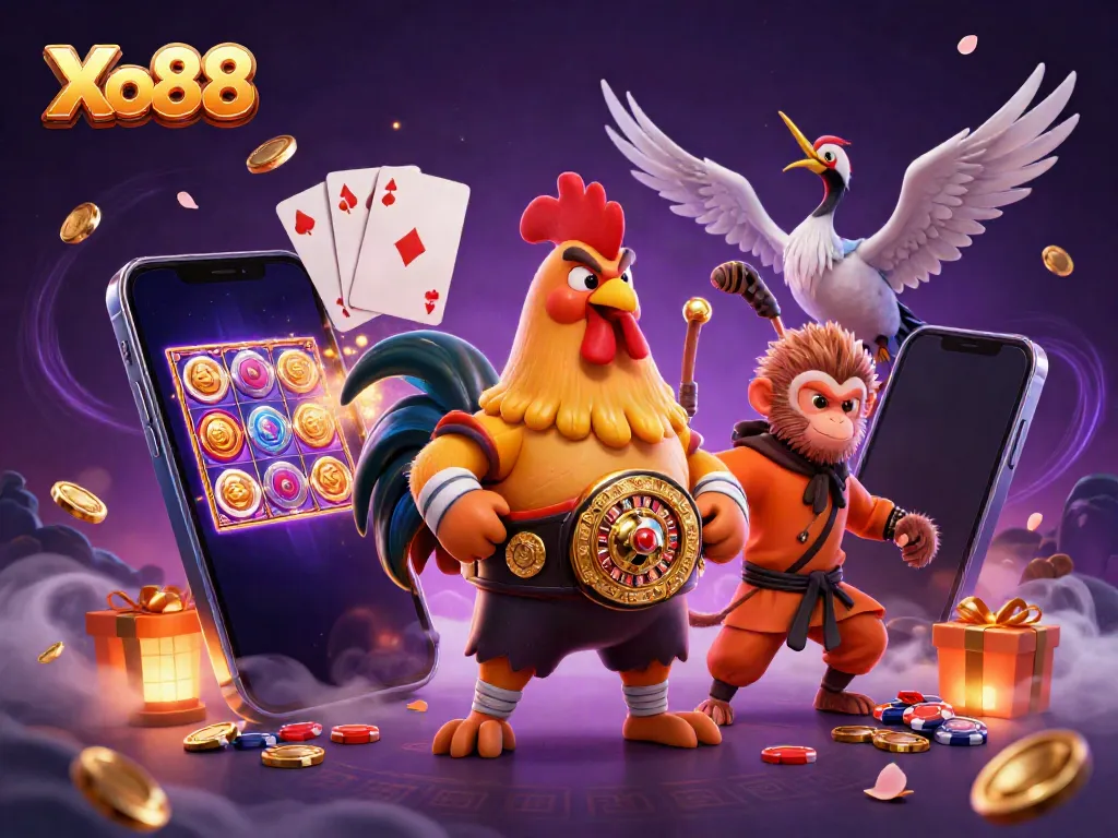 Xo88 features a vibrant 3D illustration with a Muay Thai rooster and Shaolin monkey in an engaging casino scene surrounded by gaming elements.