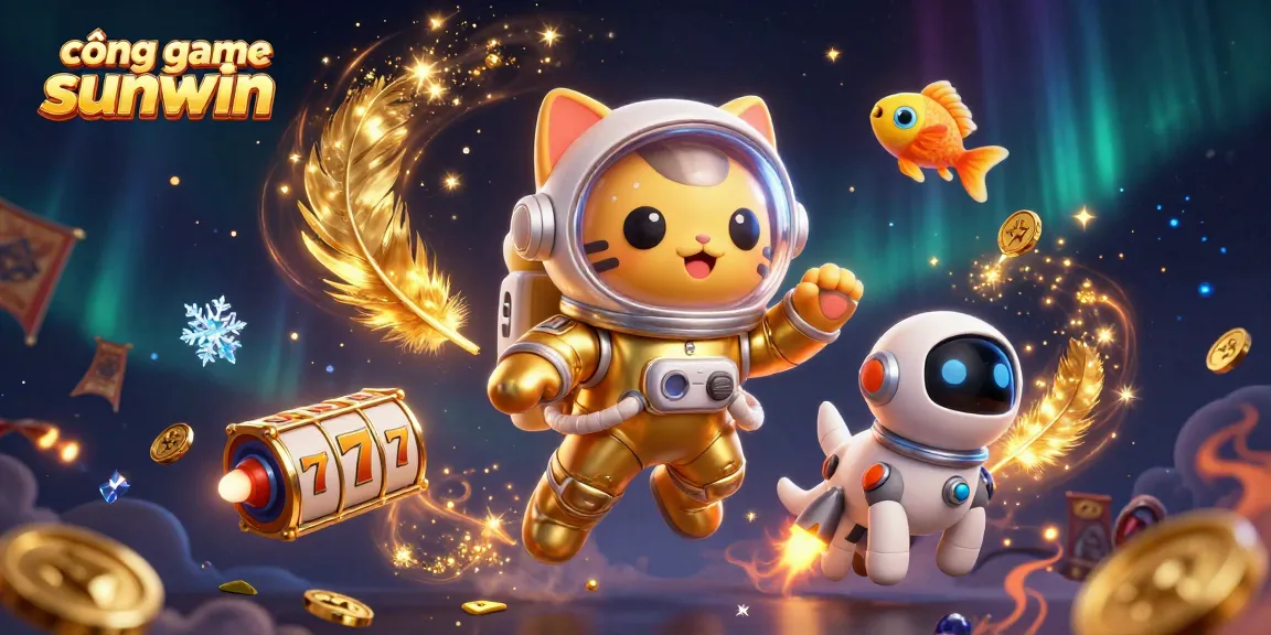 Experience cổng game sunwin with an exciting 3D scene of a golden astronaut cat and game elements.