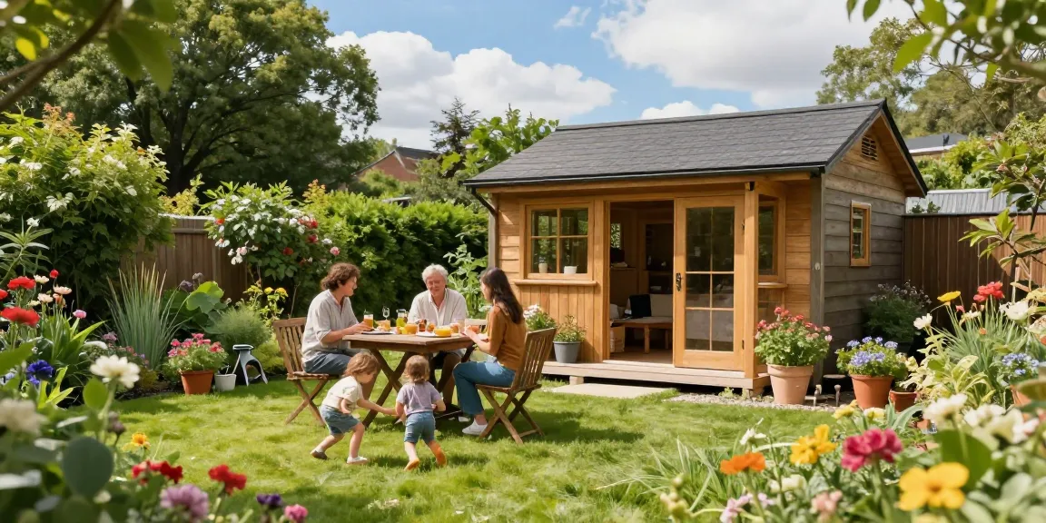 Gemütliches Gartenhaus kaufen, umgeben von blühenden Pflanzen und einer glücklichen Familie im Garten.