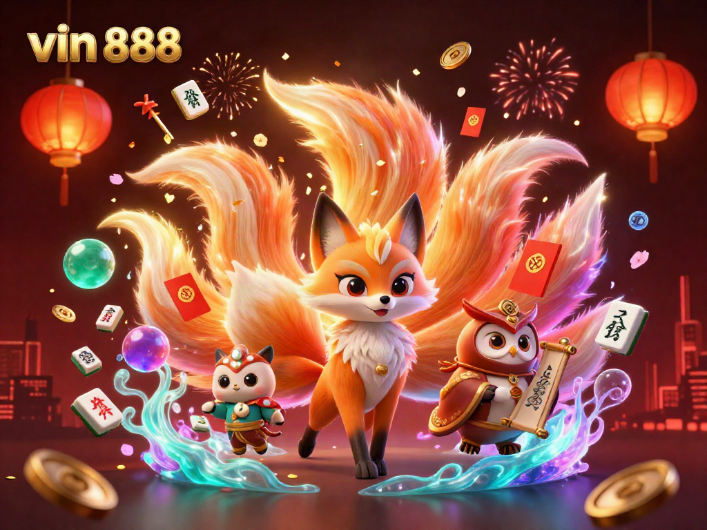 Experience the vibrant energy of vin 888 with a nine-tailed fox and owl in a dynamic casino scene.