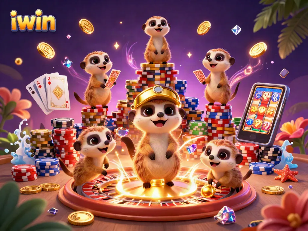 Join the action at iwin casino as meerkats manage games, with fun coins and gems in vibrant colors.
