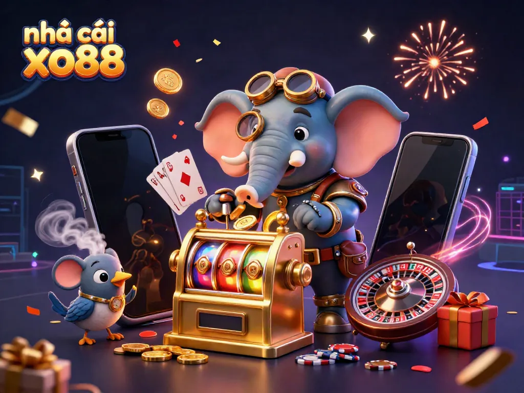 Engage with nhà cái xo88 through immersive 3D steampunk-themed artwork featuring vibrant casino games and characters.