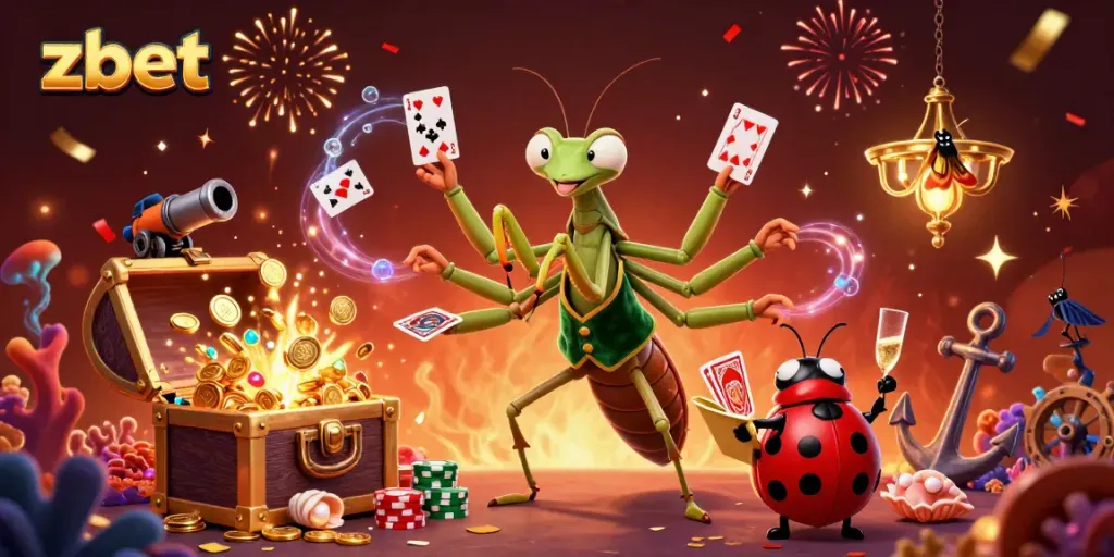 Zbet brings excitement with a vibrant casino scene featuring a card sharp, pit boss, and rich game elements.