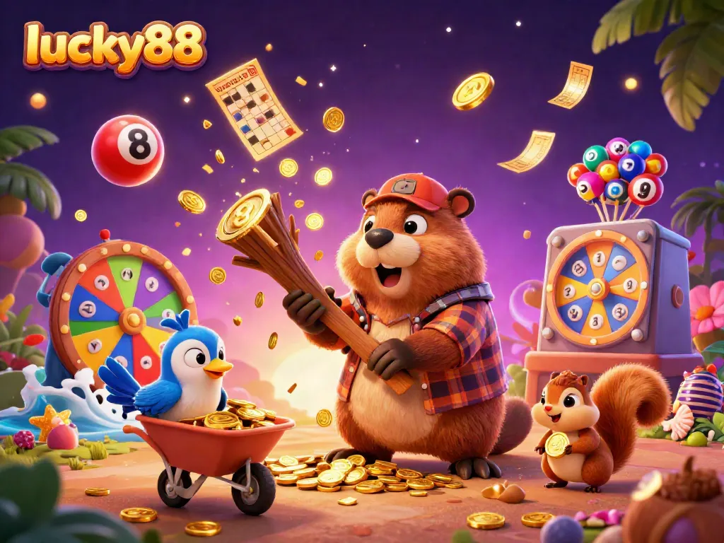 Engage with lucky88 through an immersive scene of a beaver and friends collecting golden coins in a vibrant casino setting.