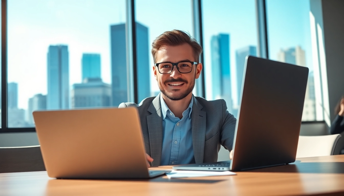Headhunter Schweiz führt ein Video-Interview mit einem Kandidaten in einem modernen Büro.