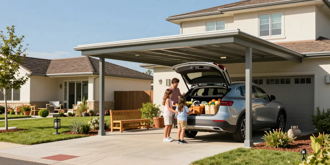 Schönes Carport schützt das Auto einer Familie und schafft einen einladenden Außenbereich.