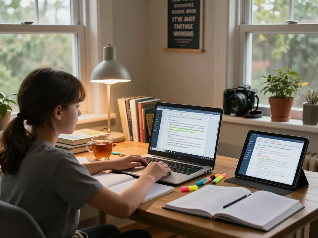 Schüler nutzt Hausaufgaben KI kostenlos zur Hilfe bei den Hausaufgaben in einem gemütlichen Arbeitszimmer.