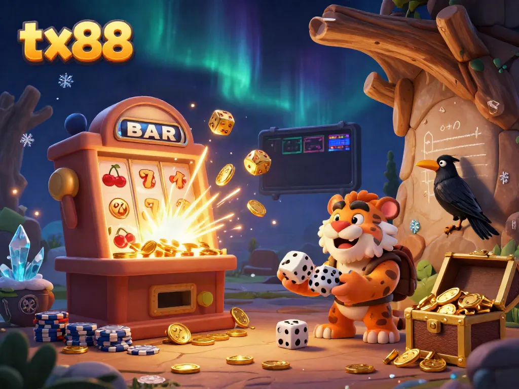 Experience the thrill of tx88 with a lively prehistoric casino scene featuring cartoon characters and dynamic game elements.
