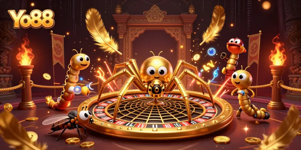 Engage with thrilling gameplay at Yo88 where a golden spider weaves a roulette web, combining luck and strategy.