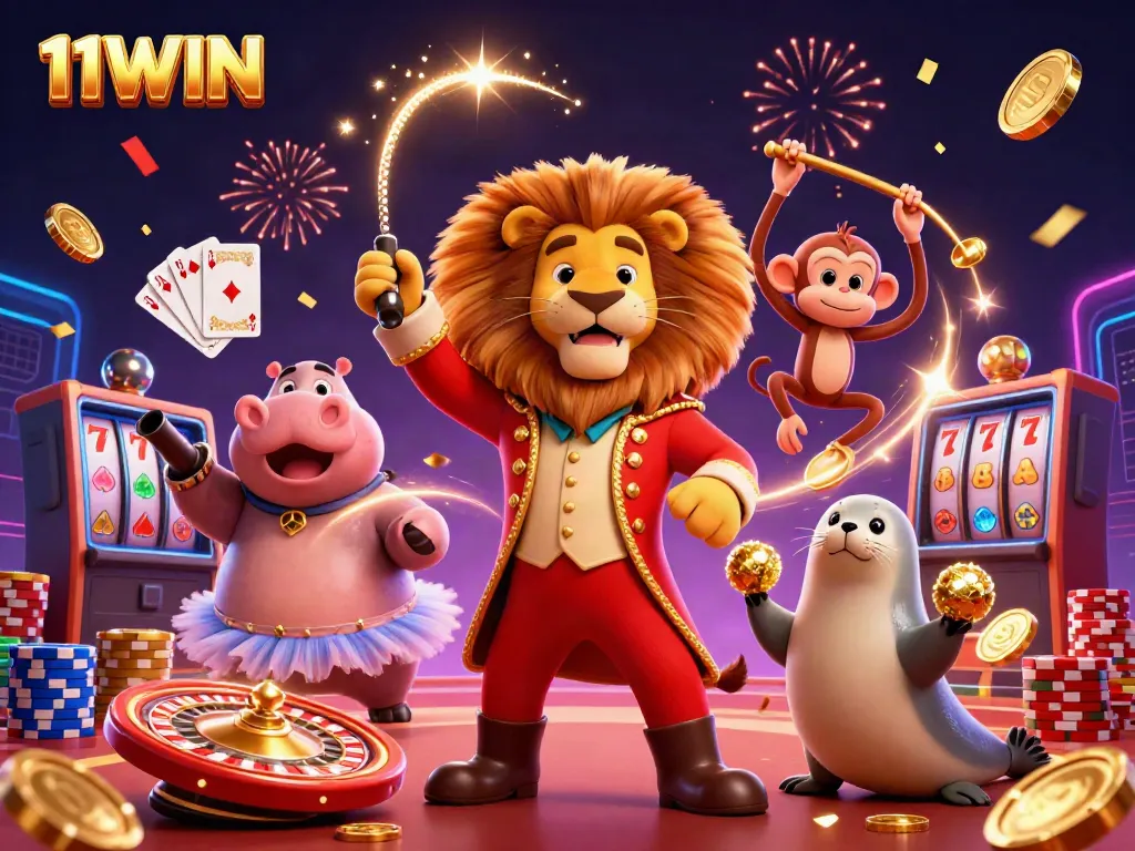 Experience the thrill of 11WIN with vibrant characters and exciting casino elements in a dynamic, high-energy scene.