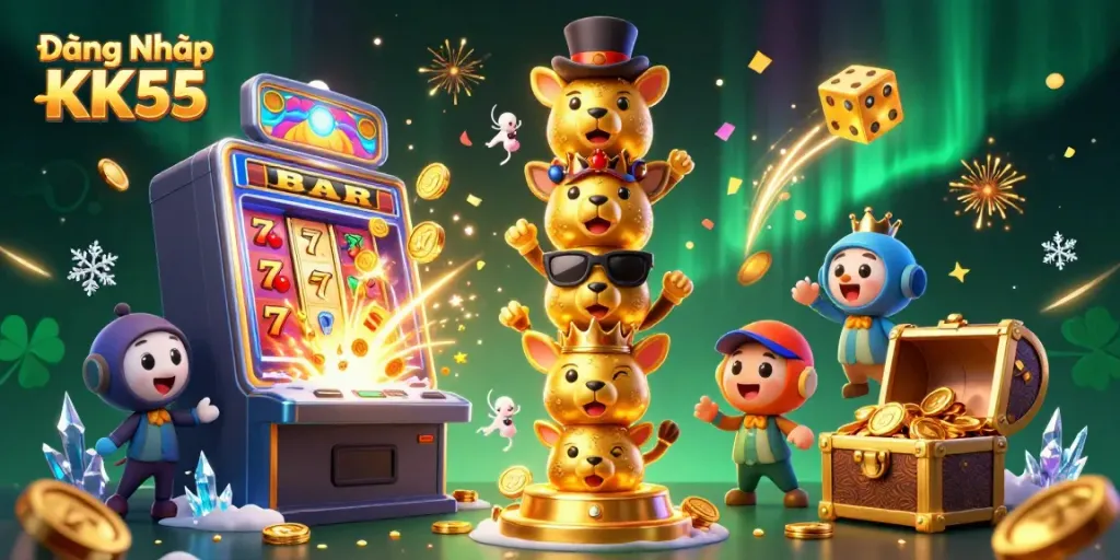 Experience Đăng Nhập KK55 through a vibrant casino scene featuring a golden totem, slot machines, and joyous gameplay.