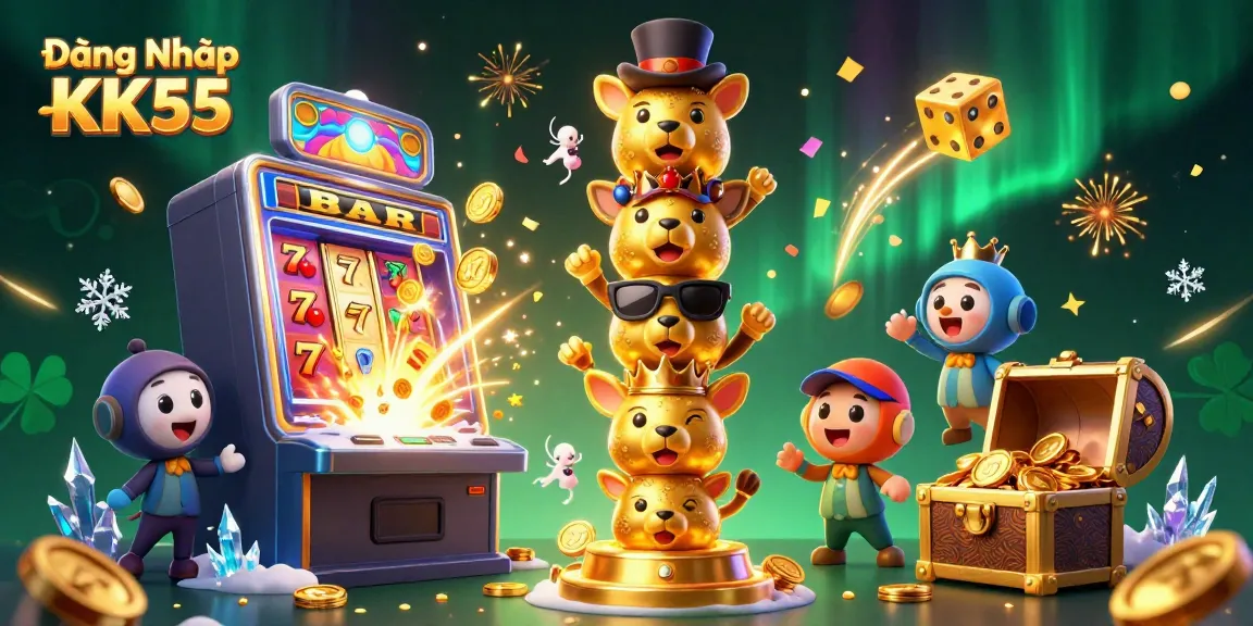 Experience Đăng Nhập KK55 through a vibrant casino scene featuring a golden totem, slot machines, and joyous gameplay.