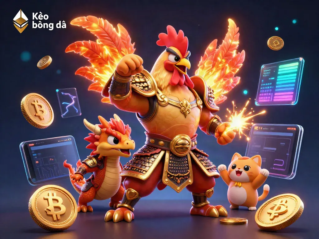 Engage with Kèo bóng đá dynamic betting strategies featuring illustrated rooster warriors and dragon hatchlings amidst vibrant neon elements.