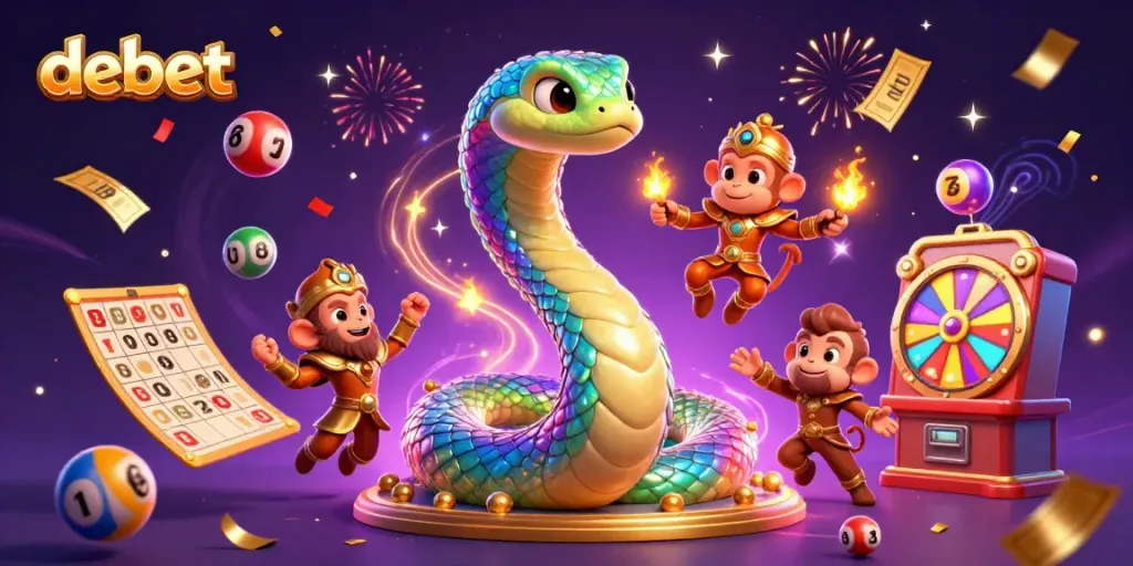 Experience the playful atmosphere of debet with vibrant lottery elements and mystical characters in a casino setting.