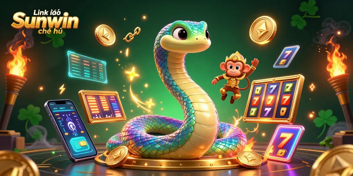 Engage with Link vào Sunwin chính thức through a vibrant 3D illustration featuring a rainbow serpent, golden monkey king, and digital gambling elements.