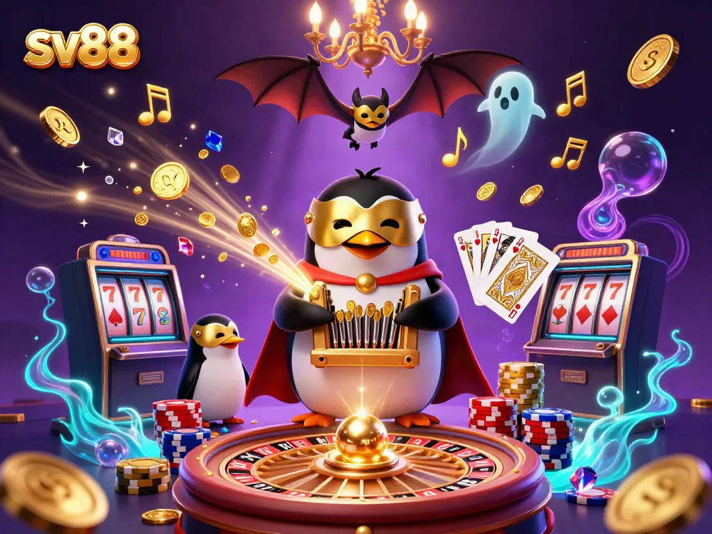 Experience SV88's thrilling casino actions with animated penguin, gems, and dynamic gameplay.
