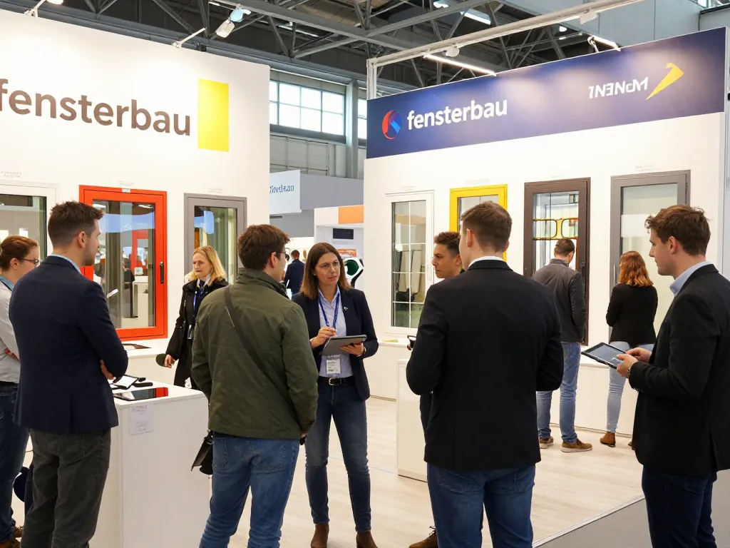 Fensterbau-Messe-Szene mit Fachleuten, die innovative Fenstertechnologien und -designs diskutieren.