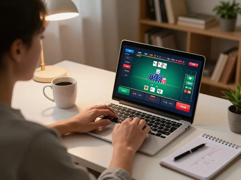 Person using Plagiat Scanner while playing online poker on a laptop in cozy home setup