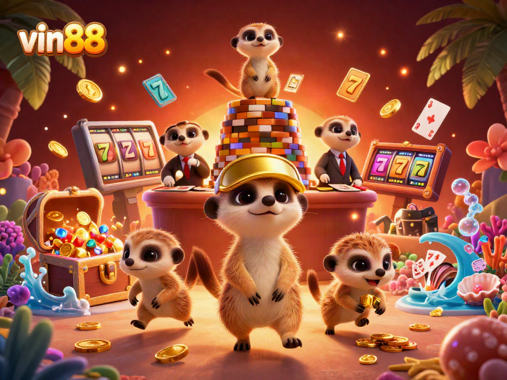 Experience the vibrant casino world of vin88 with meerkats managing games, floating slot reels, and shiny treasures.